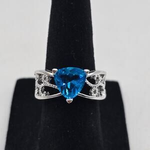 925 Sterling Silver Filigree Blue Stone Cocktail Ring Size 6 Wedding Elegant